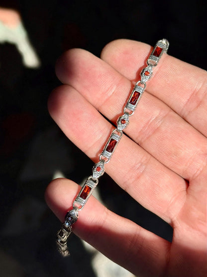 Men Silver Ruby Hand-Engraved Bracelet