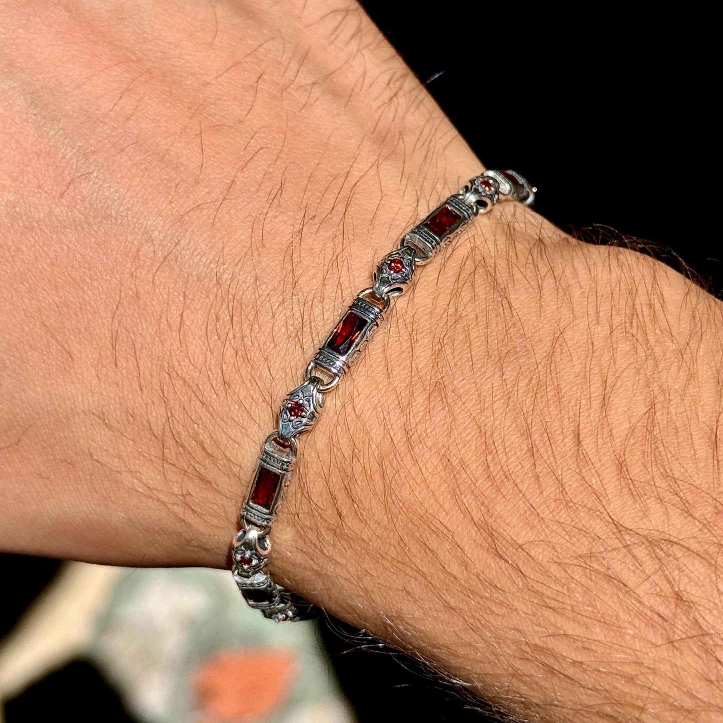 Men Silver Ruby Hand-Engraved Bracelet