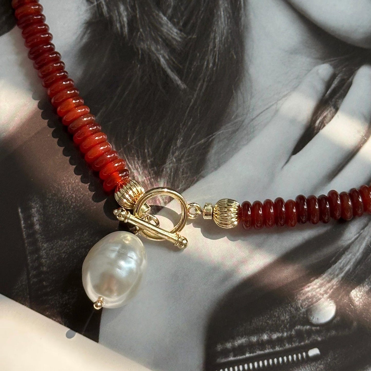 Natural Red Carnelian Necklace with Pearl Pendant • Healing Stone Choker Necklace