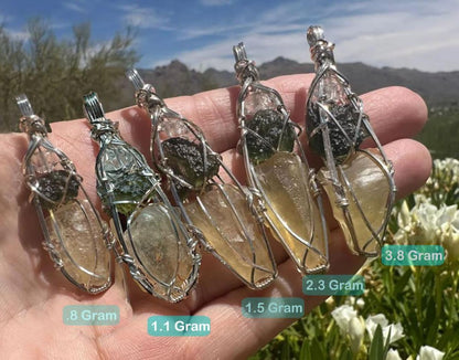 Genuine Moldavite with Libyan Desert Glass and Herkimer Diamond Pendant Necklace