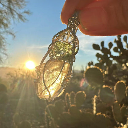 Genuine Moldavite with Libyan Desert Glass and Herkimer Diamond Pendant Necklace