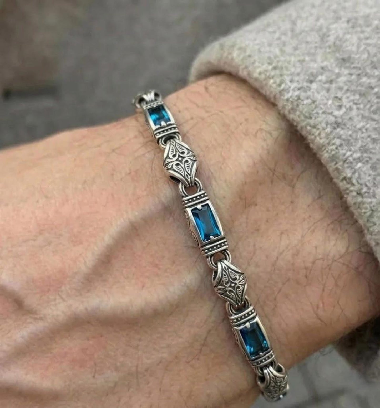 925 Sterling Silver Aquamarine Stone Men's Bracelet