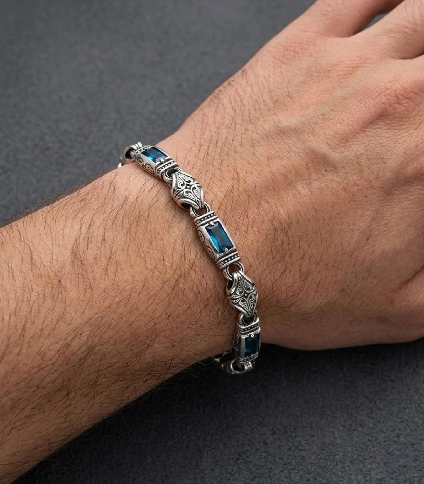 925 Sterling Silver Aquamarine Stone Men's Bracelet