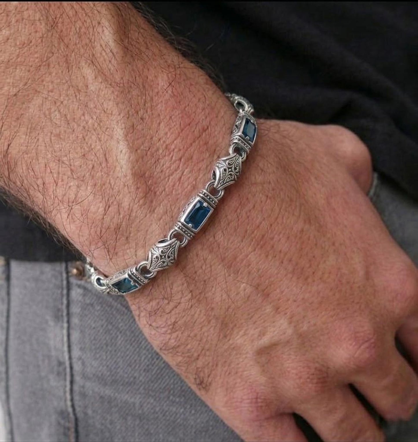 925 Sterling Silver Aquamarine Stone Men's Bracelet