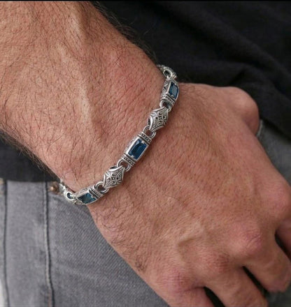 925 Sterling Silver Aquamarine Stone Men's Bracelet