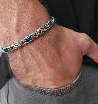 925 Sterling Silver Aquamarine Stone Men's Bracelet