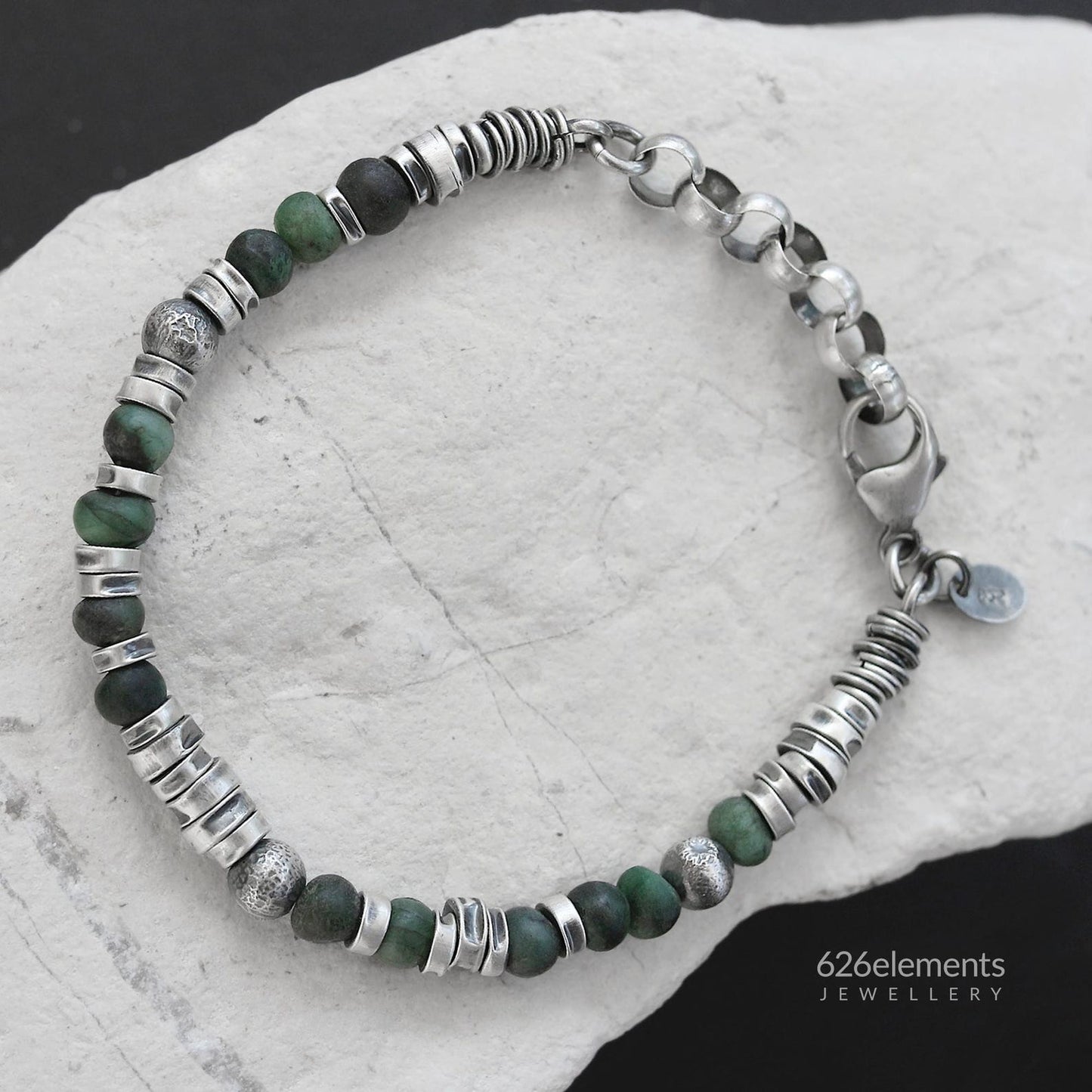 Natural Deep Forest Green GemstonesEmerald Sterling Silver Men's Bracelet