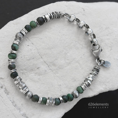 Natural Deep Forest Green GemstonesEmerald Sterling Silver Men's Bracelet