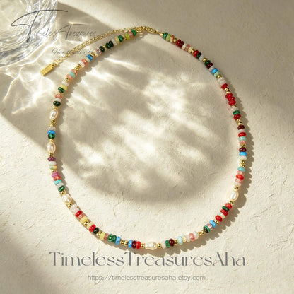 Handmade Colorful Crystal & Freshwater Pearl Beaded Necklace