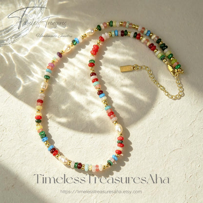 Handmade Colorful Crystal & Freshwater Pearl Beaded Necklace