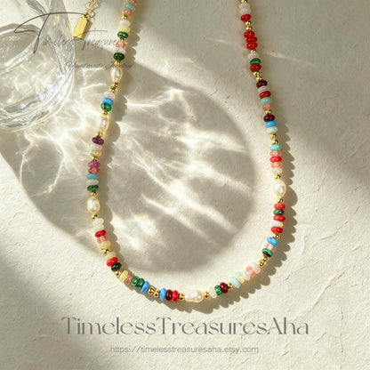 Handmade Colorful Crystal & Freshwater Pearl Beaded Necklace