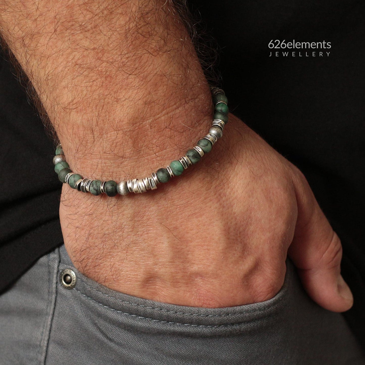 Natural Deep Forest Green GemstonesEmerald Sterling Silver Men's Bracelet