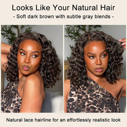 Sonya | Ready-to-Go Water Wave Bob - Dark Brown with Gray Blends Human Hair Glueless Lace Wig