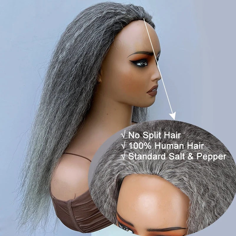 Rebecca | Salt And Pepper Kinky Straight Human Hair 3/4 Half Wig Kinky Blow Out Glueless 3 In 1 Wigs