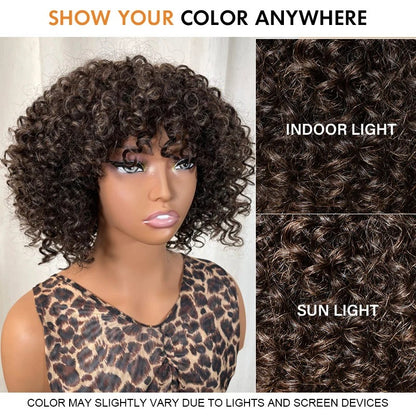 Judy | Dark Brown Mixed Gray Short Curly Wig with Bangs 100% Human Hair Wear and Go Glueless Bob Wig