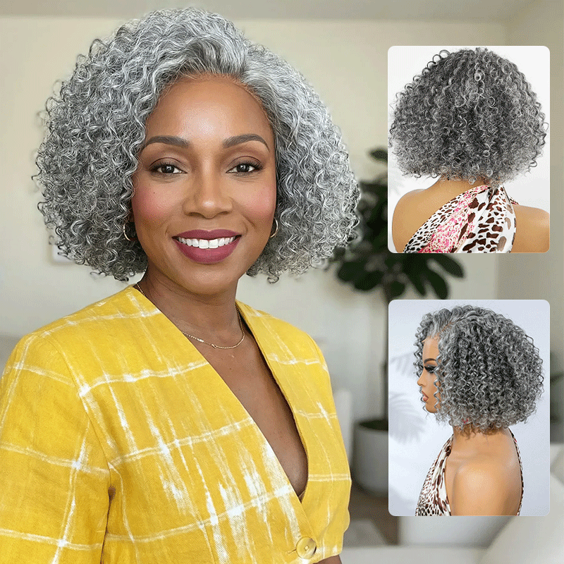 Ruby | Short Jerry Curly Gray Wig | Real Salt & Pepper Human Hair Glueless Lace Wigs Mature & Stylish