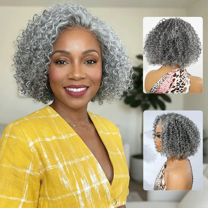 Ruby | Short Jerry Curly Gray Wig | Real Salt & Pepper Human Hair Glueless Lace Wigs Mature & Stylish