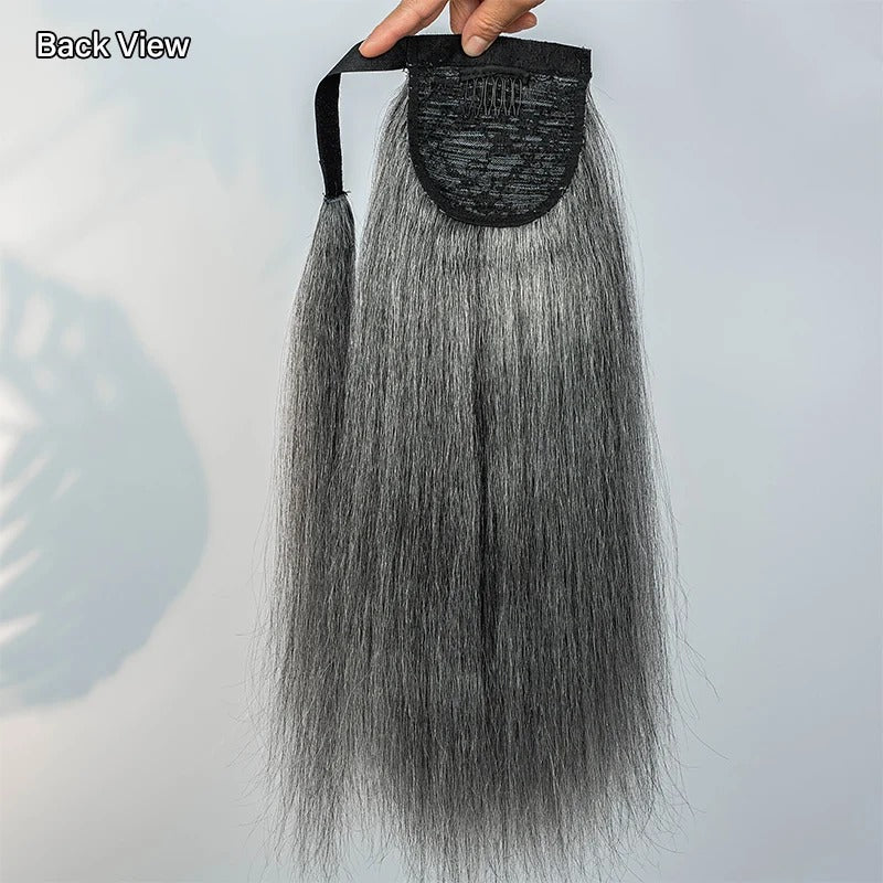 Kathy | Salt and Pepper Wrap Around Ponytail Straight Human Hair Extension – Natural Gray Blend Ponytail Hair Piece for Women