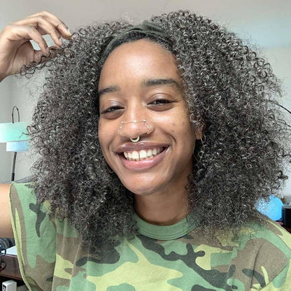 Kelly | Salt And Pepper Blend Afro Curly Human Hair 3 In 1 Half Wig Ready To Go Glueless Wig For Women