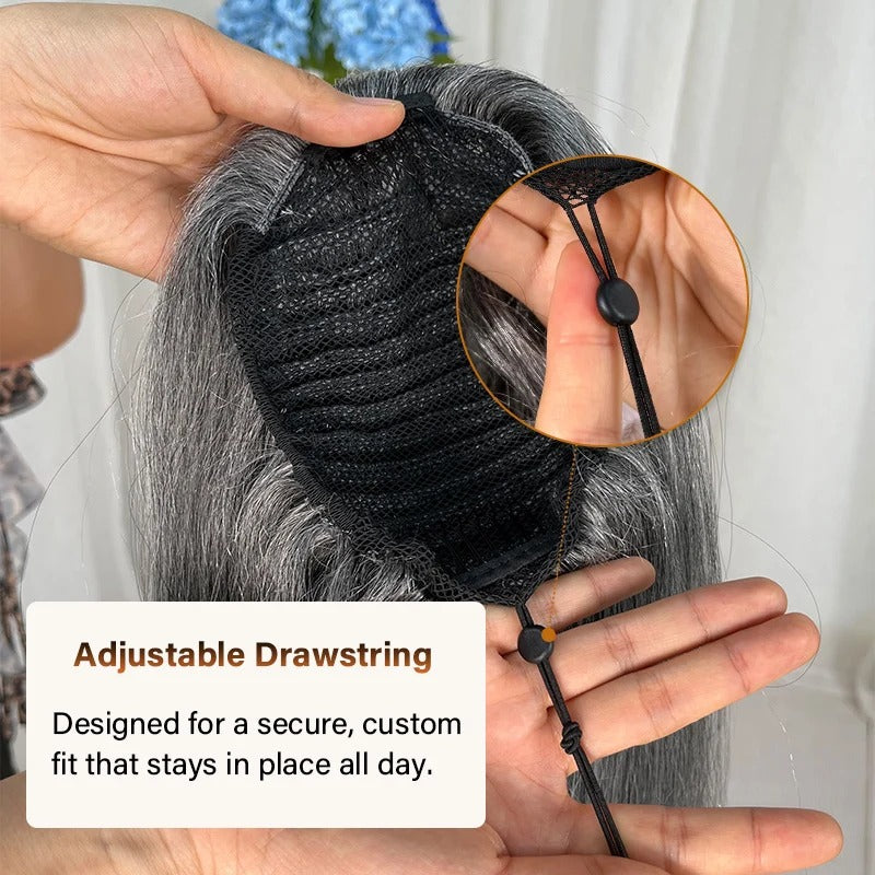 Ashley | Timeless Silver Gray Drawstring Ponytail Hair Salt And Pepper Straight Human Hair Extensions