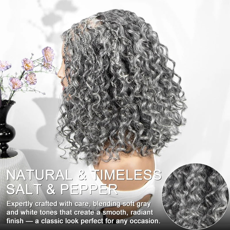 Laura | Boho Braided Curly Human Hair Salt And Pepper Wig Glueless 5x5 Lace Closure Wig with Braided Top