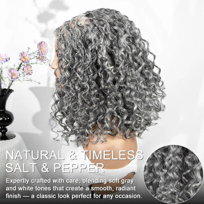 Laura | Boho Braided Curly Human Hair Salt And Pepper Wig Glueless 5x5 Lace Closure Wig with Braided Top