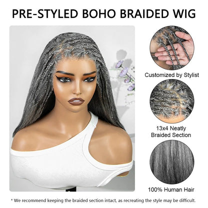 Melody | Salt & Pepper Boho Braid Wig Straight Hair 13x4 Full Frontal Wig - Half Cornrow, Half Loose Style