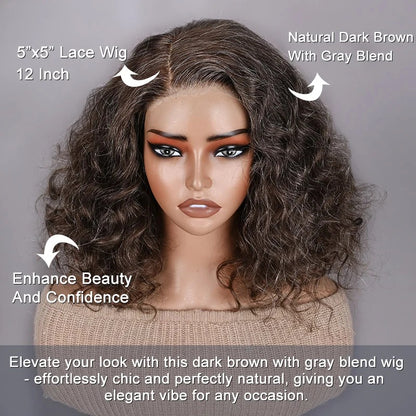 Sonya | Ready-to-Go Water Wave Bob - Dark Brown with Gray Blends Human Hair Glueless Lace Wig