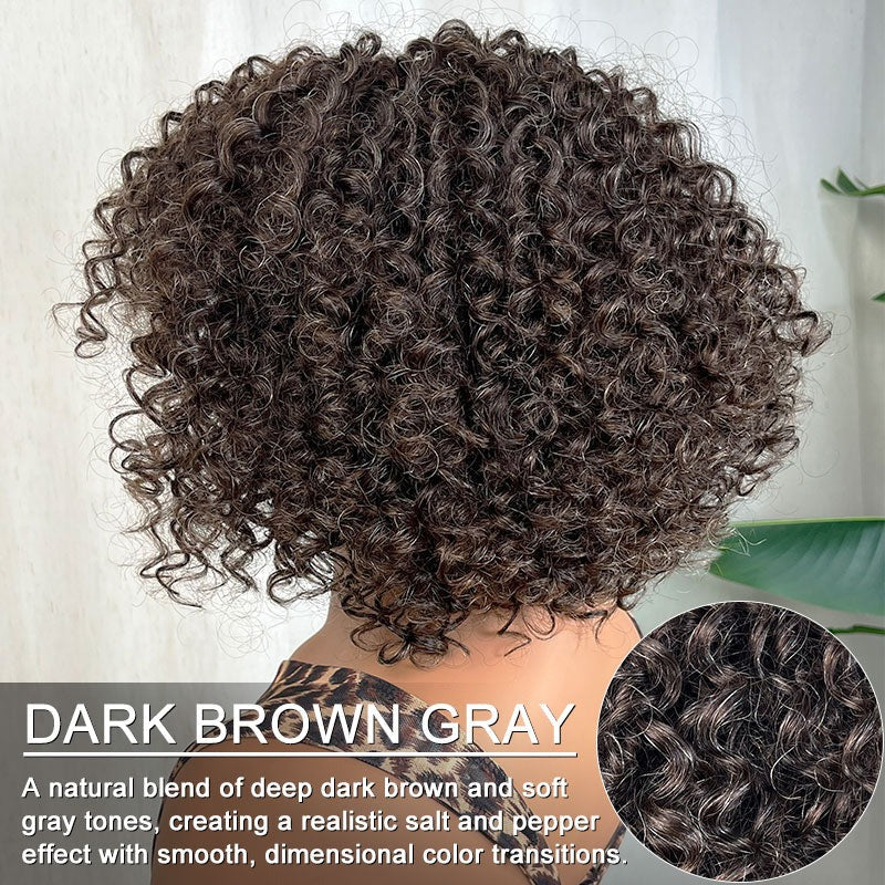 Judy | Dark Brown Mixed Gray Short Curly Wig with Bangs 100% Human Hair Wear and Go Glueless Bob Wig