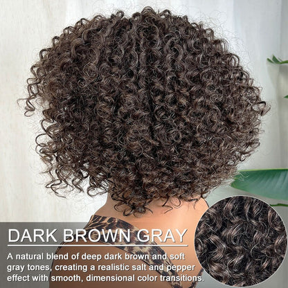 Judy | Dark Brown Mixed Gray Short Curly Wig with Bangs 100% Human Hair Wear and Go Glueless Bob Wig