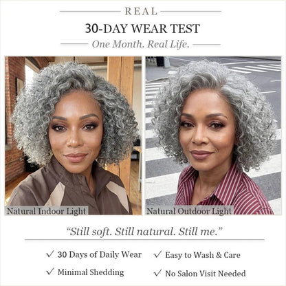 Ruby | Short Jerry Curly Gray Wig | Real Salt & Pepper Human Hair Glueless Lace Wigs Mature & Stylish