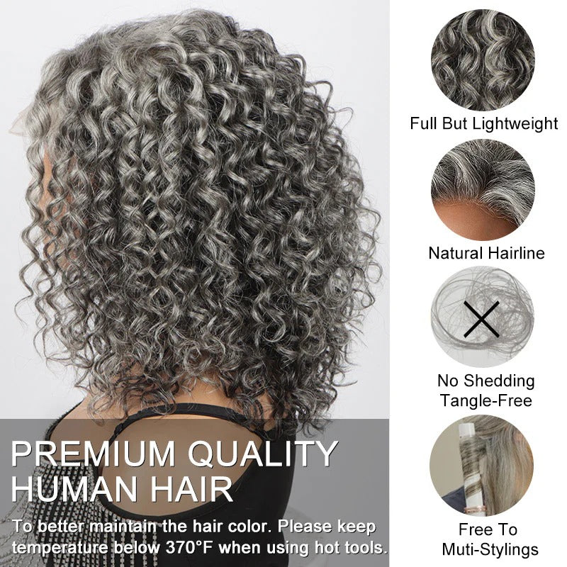 Karla | Timeless Silver Gray Wigs Water Wave Human Hair Salt & Pepper 5x5 HD Lace Wigs For Women