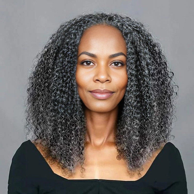 Kelly | Salt And Pepper Blend Afro Curly Human Hair 3 In 1 Half Wig Ready To Go Glueless Wig For Women