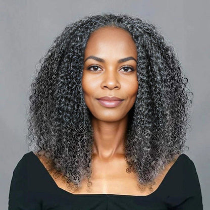 Kelly | Salt And Pepper Blend Afro Curly Human Hair 3 In 1 Half Wig Ready To Go Glueless Wig For Women
