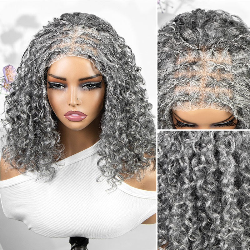 Laura | Boho Braided Curly Human Hair Salt And Pepper Wig Glueless 5x5 Lace Closure Wig with Braided Top