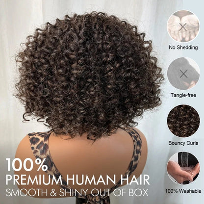 Judy | Dark Brown Mixed Gray Short Curly Wig with Bangs 100% Human Hair Wear and Go Glueless Bob Wig