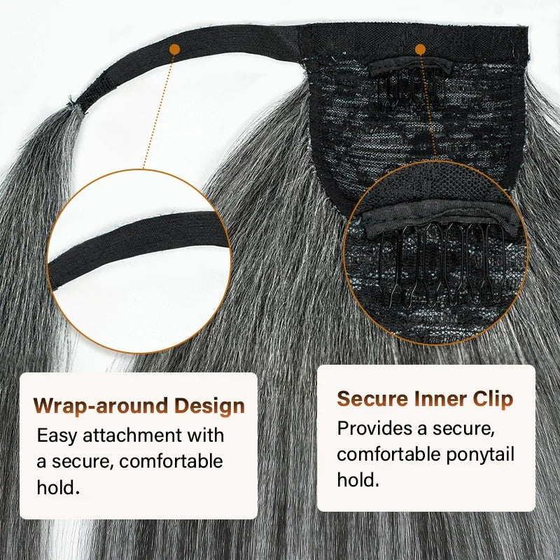 Kathy | Salt and Pepper Wrap Around Ponytail Straight Human Hair Extension – Natural Gray Blend Ponytail Hair Piece for Women