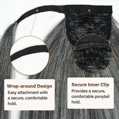 Kathy | Salt and Pepper Wrap Around Ponytail Straight Human Hair Extension – Natural Gray Blend Ponytail Hair Piece for Women