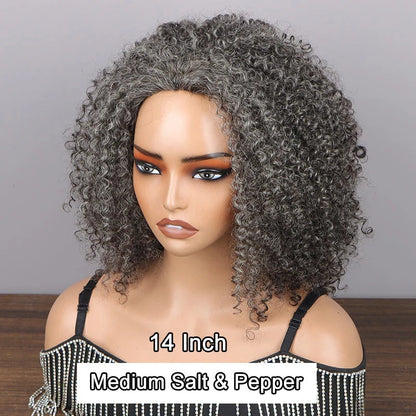 Kelly | Salt And Pepper Blend Afro Curly Human Hair 3 In 1 Half Wig Ready To Go Glueless Wig For Women