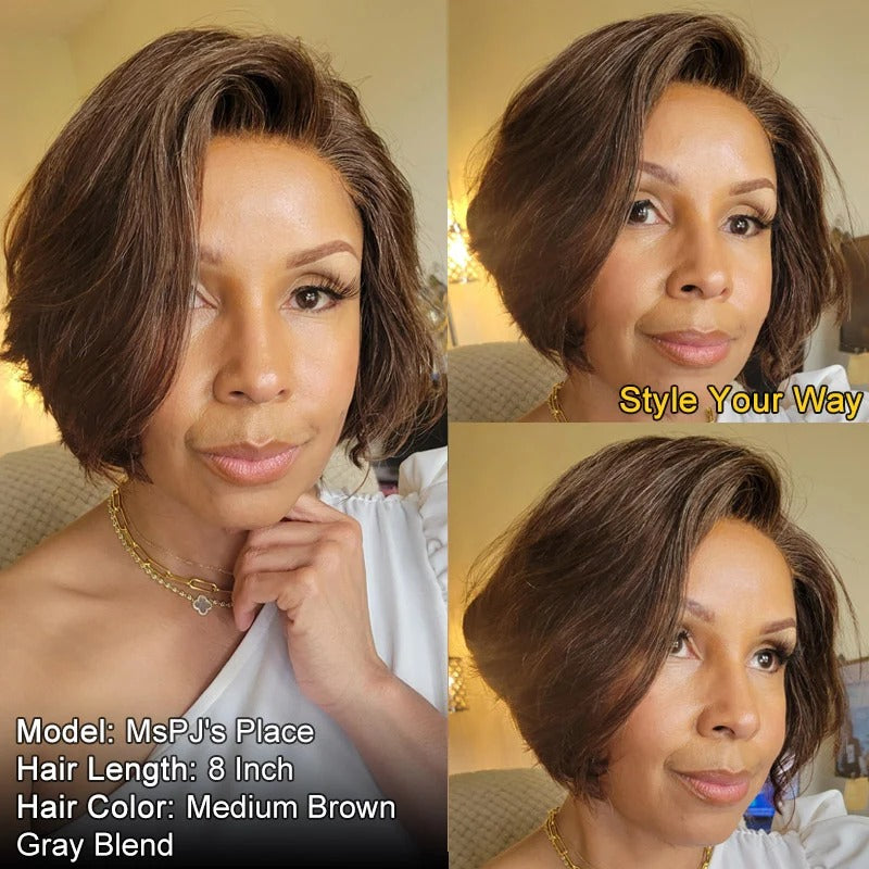 Cicely | Wear & Go Bob Wig | Chic Brown With Gray Blends Natural Wavy Human Hair Layered Glueless Lace Wigs