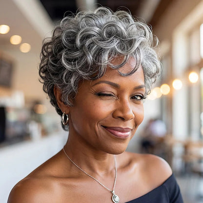 Ivy | Glueless Salt and Pepper Short Curly Pixie Wig - Pre-Styled Human Hair Wig for Mature Women