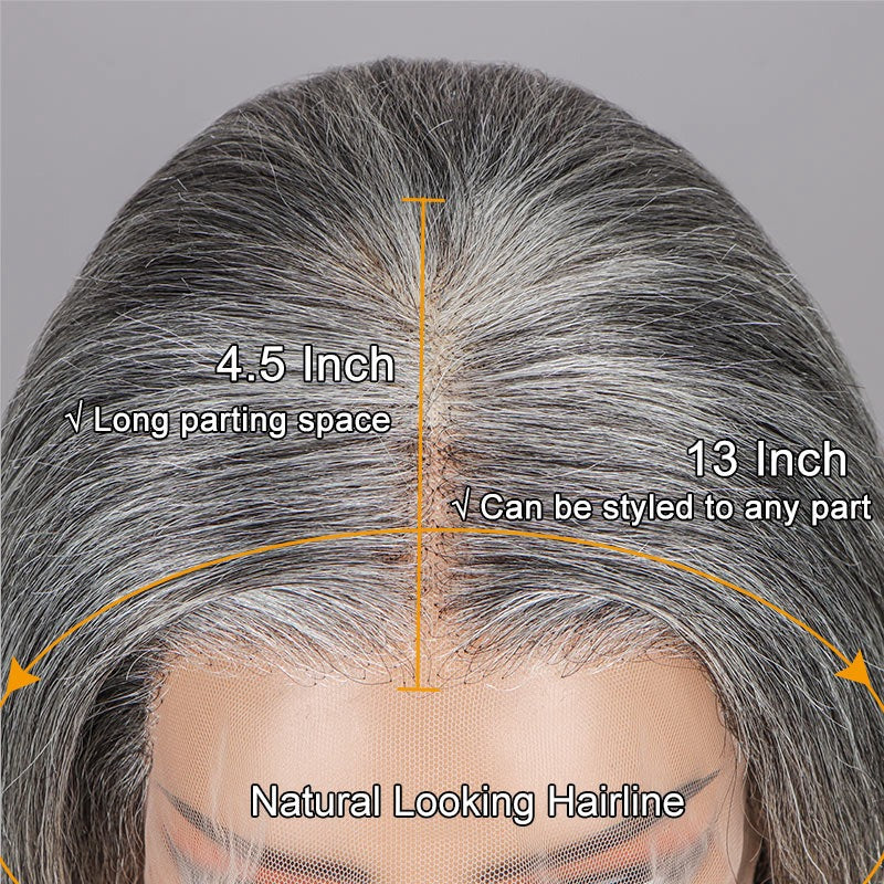 Marshana | Silver Luxe Gray 13x4 HD Lace Full Frontal Wig Straight Human Hair Salt And Pepper Wig For Women