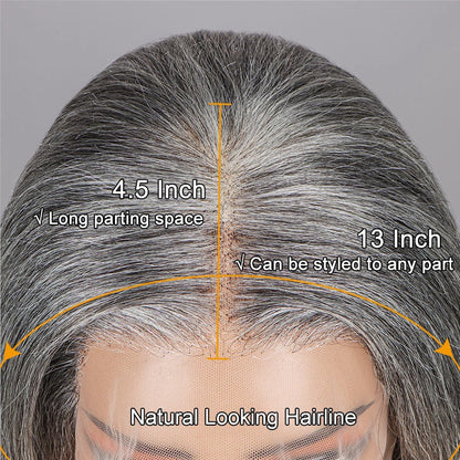 Marshana | Silver Luxe Gray 13x4 HD Lace Full Frontal Wig Straight Human Hair Salt And Pepper Wig For Women