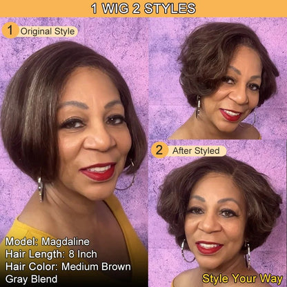 Cicely | Wear & Go Bob Wig | Chic Brown With Gray Blends Natural Wavy Human Hair Layered Glueless Lace Wigs