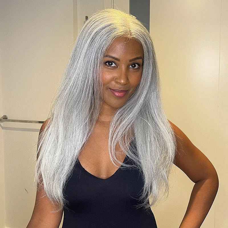 Marshana | Silver Luxe Gray 13x4 HD Lace Full Frontal Wig Straight Human Hair Salt And Pepper Wig For Women
