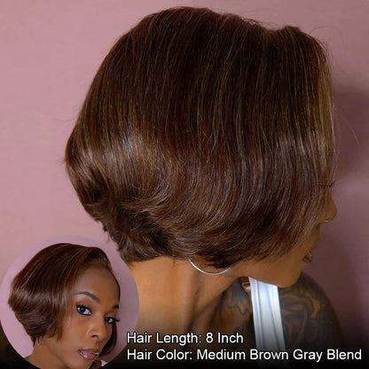 Cicely | Wear & Go Bob Wig | Chic Brown With Gray Blends Natural Wavy Human Hair Layered Glueless Lace Wigs