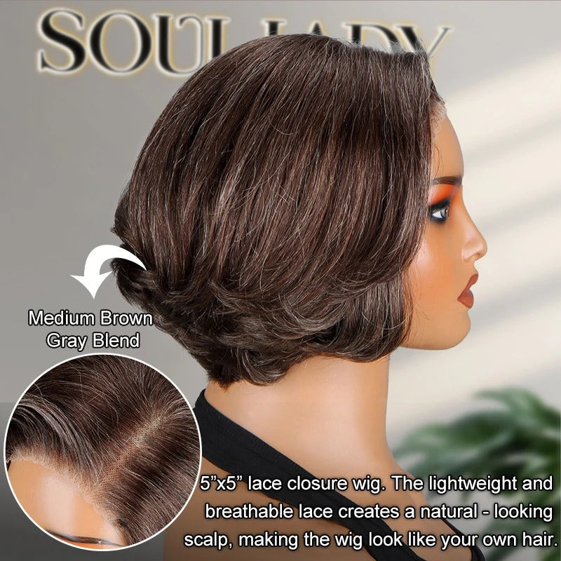 Cicely | Wear & Go Bob Wig | Chic Brown With Gray Blends Natural Wavy Human Hair Layered Glueless Lace Wigs