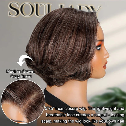 Cicely | Wear & Go Bob Wig | Chic Brown With Gray Blends Natural Wavy Human Hair Layered Glueless Lace Wigs