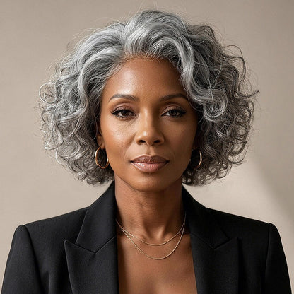 Dorothy | Instant Wear To Go Salt And Pepper Wig Glueless Human Hair Loose Curly Bob For Seniors