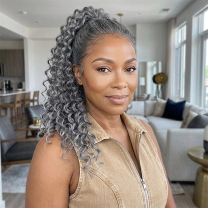 Ashley | Timeless Silver Gray Drawstring Ponytail Hair Salt And Pepper Straight Human Hair Extensions